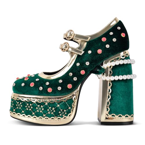 onlymakerheels High Platform Heels Chunky Heels Pearls Ankle Strap Closed Toe Pumps for Party Green Size8