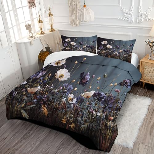 DLERFLOVR Edredón 220x240cm, Transpirable y Supersuave, Edredón Nórdico Campos Rústicos para 4 Estaciones Estilo Campestre con 2 Fundas de Almohada Ligero Suave Lavable, Gris Oscuro
