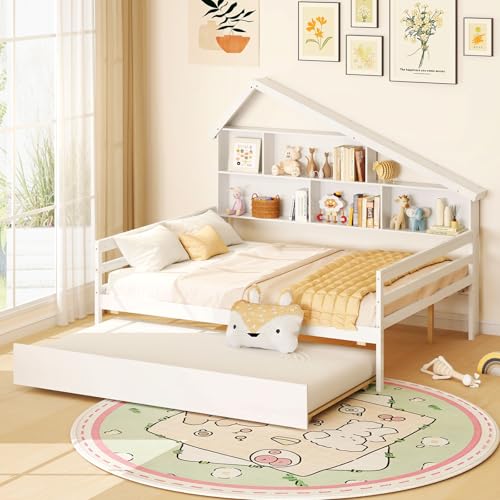 Giantex Full House Bed with Twin Trundle, Wood Daybed with 5 Cube Storage Bookcase & Headboard, Wooden Montessori Bed for Kids Girls Boys, No Box Spring Needed, Kids Full Bed, White