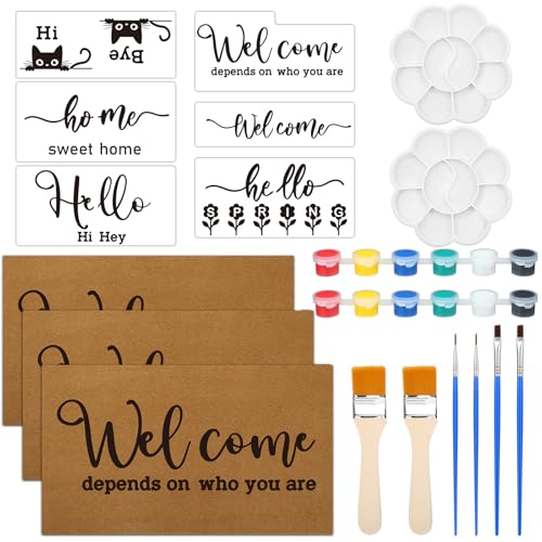 Chunful 2 Pack Coir Doormat Craft Set Make Your Own Personalized Doormat 17 x 30 Blank Door Mats with Stencils Painting Tools for DIY Crafting Entry Mat with Non-Slip Backing