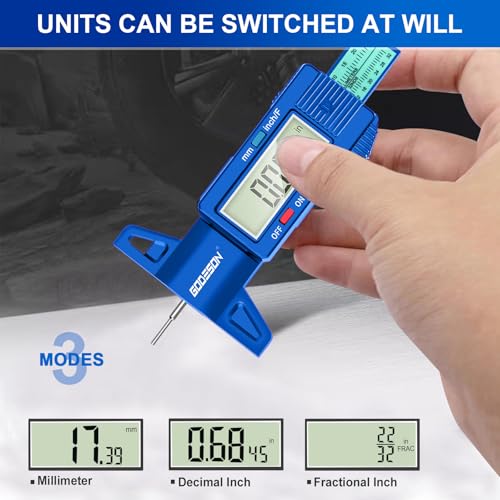 Image of GODESON Tire Tread Depth Gauge, Digital Tire Tread Depth Gauge with 3 Modes-Fractional Inch,Blue Tire Depth Gauge with Color-Coded Bar,Tread Depth Gauge Suitable for All Vehicle Tires