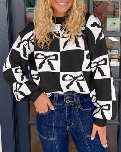 Saodimallsu Womens Color Block Bow Sweater Oversized Crewneck Long Sleeve Knit Warm Pullover Tops2