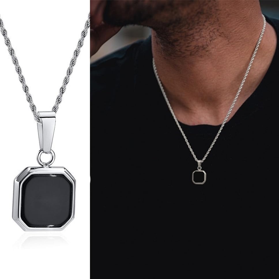 Mens Everyday::Party::Workwear Silver Stainless Steel Ethnic SQUARE-AMULET-W-ROPE-S Black Pendant-image-10