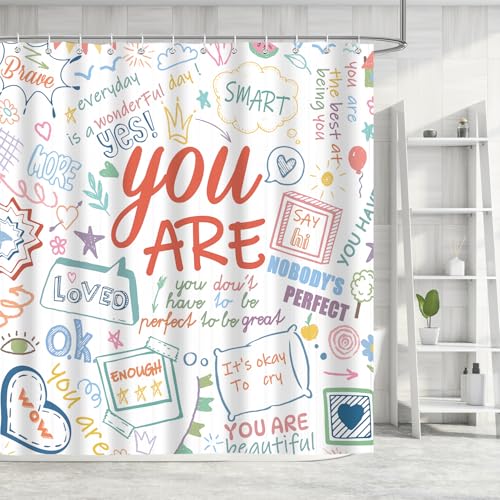 Image of iTapnoom Funny Kids Inspirational Quotes Shower Curtain, Colorful Positive Words Graffiti Artwork Unisex Bathroom Decor Set, Waterproof Polyester Fabric Bath Curtain with Hooks 72x72 Inch