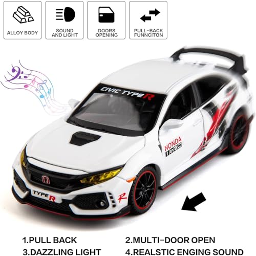 Image of DARVICE 132 Civic Type R Toy Car Diecast Metal Model Toy Car for Kids with Openable Door Light Sound Pullback