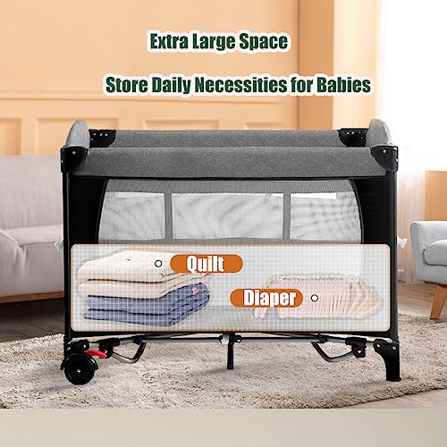 Image of MMBABY 5-in-1 Pack and Play Portable Crib for Baby,Multifunction Bedside Crib from Newborn to Toddlers,U-Shaped Diaper Changer,Playard,Safety Strap,Carry Bag (Black)