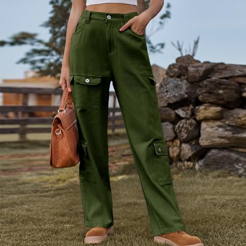 Womens Cargo Jeans High Waisted Wide Leg Trousers 2024 Trendy Plus Size Denim Cargo Pants with Flap Pocket Y2K Streetwear Tactical Pants Army Green L2