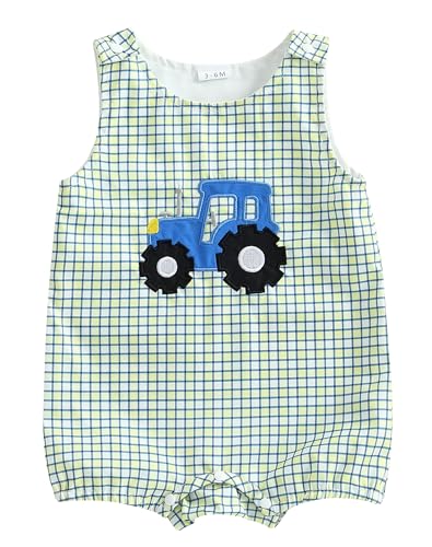 Mameluco de verano para bebé recién nacido, diseño de tractor de granja, sin mangas, a cuadros, overol, amarillo, 12-18 Months