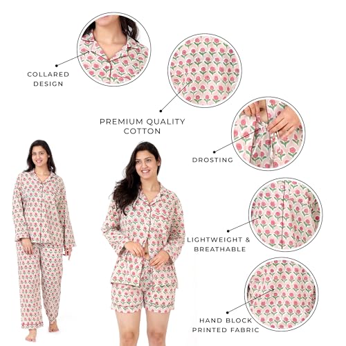 Image of Huar Women Pajama Set, 4 pcs Button Down Vacation Beach Cotton Set, Lounge wear PJ Set For Birthday