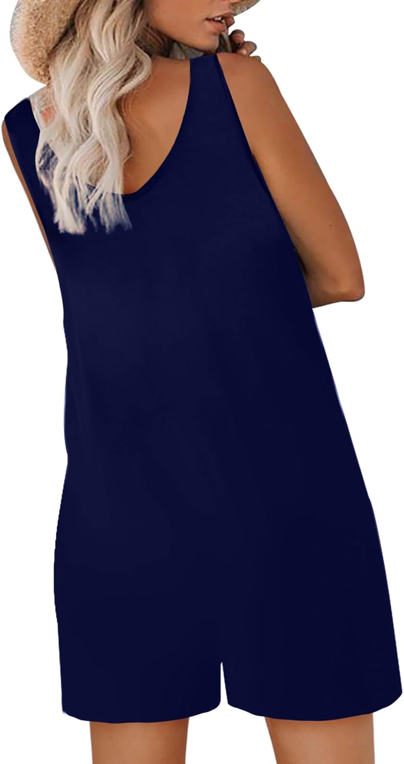 Womens Summer Casual Sleeveless Rompers Tank Crewneck Wide Leg Loose Shorts Jumpsuit Overalls with Pockets - Image 4