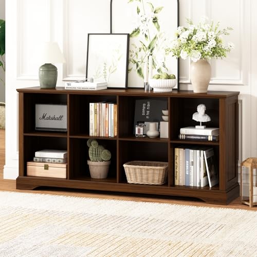 Athyrios 8 Cube Storage Organizer - 62' Long Farmhouse Wood Low Bookshelf, Horizontal Open Shelf Bookcase Cubby Storage Console Cabinet for Living Room, Entryway, Office, Walnut
