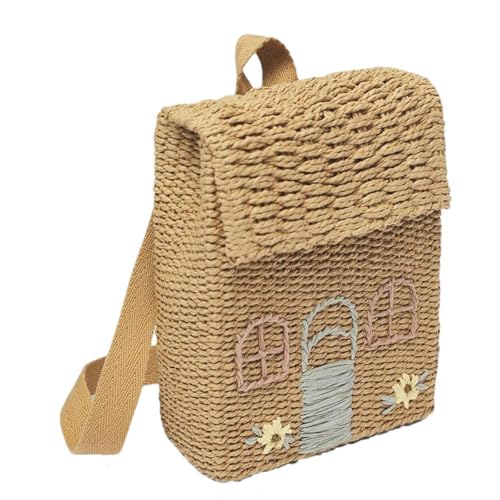 Handwoven Straw Backpack with Floral Embroidery Cute...