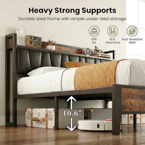 Image of LIKIMIO California King Bed Frame, Storage Headboard with Charging Station, Solid and Stable, Noise Free, No Box Spring Needed, Easy Assembly (Vintage and Black)