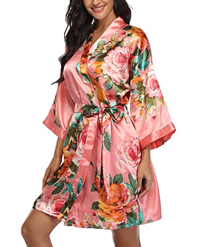 Image of VOGMATE Floral Silk Robes for Women Short Satin Kimono Bride Bridesmaid Robes Bathrobe