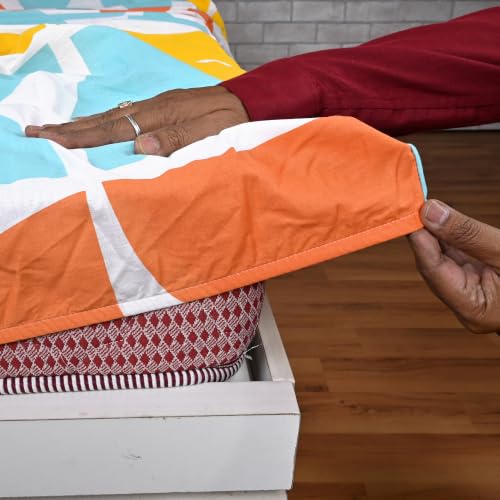 Image of Divine Casa King Size Fitted Bedsheet with 2 Pillow Covers (200 x 180 CM) | Cotton Twill Satin Retro Geometric Print | Orange & Blue Elastic Fitted Sheet for Mattress.