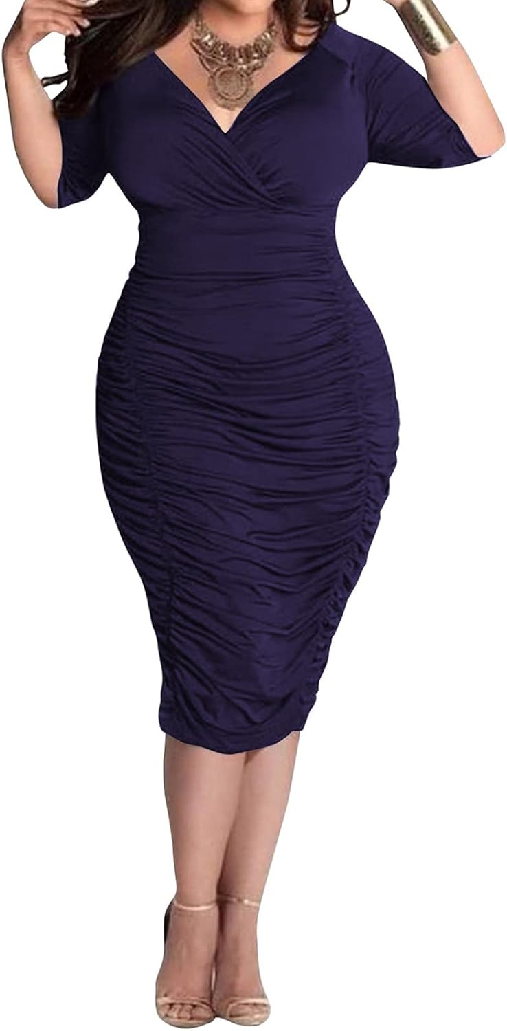 Yiershu Womens Plus Size Short Sleeve Bodycon Dresses Sexy Ruched Wrap Deep V Neck Party Cocktail Dress - Image 3