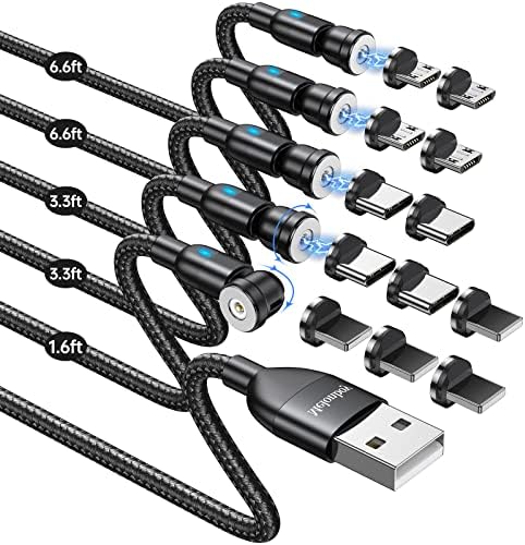 Melonboy 540° Rotation Magnetic Charging Cable/5-Pack(1.6/3.3/3.3/6.6/6.6ft)/Magnetic Phone Charger with LED/Magnetic Charger Type C/USB C Charging Cable-Nylon Braided for Type C/Micro USB/i-Product
