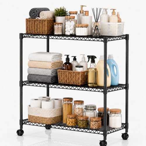 Image of Simple Deluxe 3-Tier Heavy Duty Adjustable Storage Shelf with Wheels, 23.23 inchW x 13.39 inchD x 30.31 inchH, Mobile or Stationary Metal Shelving Unit, Easy Assembly for Kitchen, Pantry, Laundry Room, Black