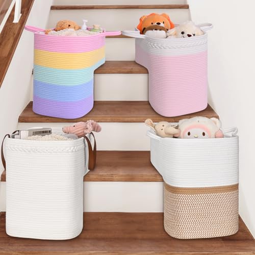Image of Stair Basket for Wooden & Carpeted Stairs, Foldable Cotton Rope Step Basket with Handles, Staircase Storage Organizer, Fog Grey, 15 inch Lx 10 inch W x 15 inch H