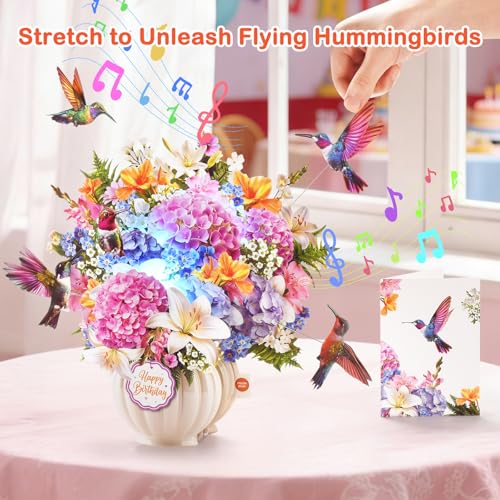 Image of Birthday Cards for Women, Musical Pop Up Hummingbird Flower Card with Light
