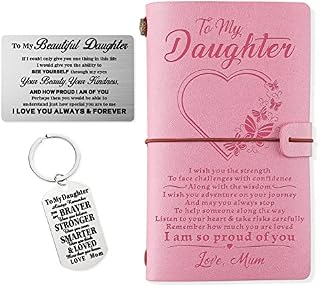 PRSTENLY Daughter Gifts, Pink Leather Journal+Wallet Card+Key Ring Proud of You Gifts for Daughter on Birthday Christmas Wedding Day Valentines from Mum, 16th 18th Encourage Birthday Gifts for Girls