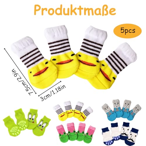 DqiUnaX Hundesocken Anti Rutsch, 5 Paar Pfotenschutz Mit Niedlichen Designs, Anti-Rutsch Socken Für Kleine Hunde, Indoor Schutz Bei Kälte Und Glatten Böden, Größe M 7,5 * 3 cm
