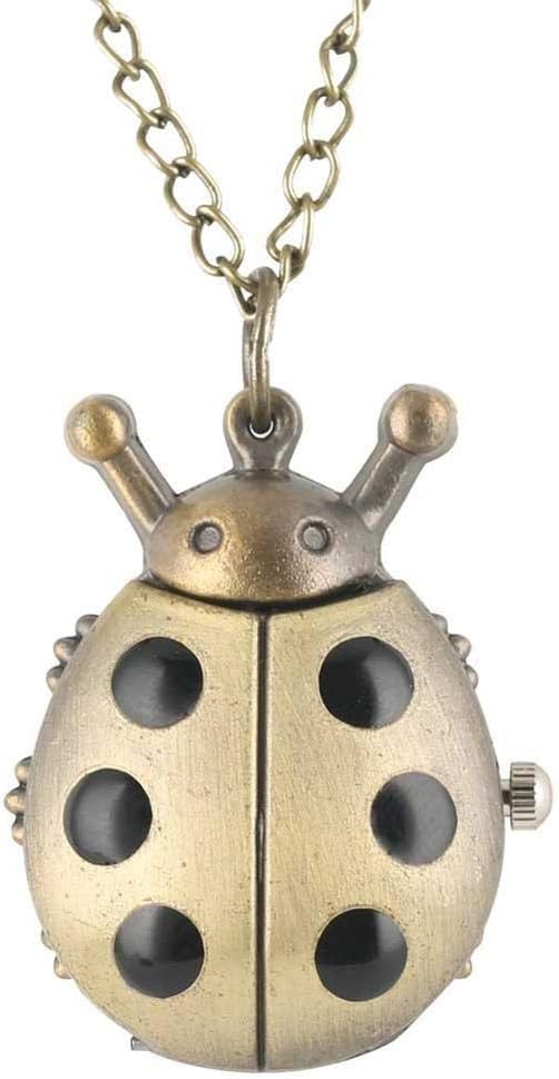 LIFANG Bronze Dual Double Time Zone Rectangle Pocket Watch Quartz Movement Car T-shirt Key Lock Cross Women Ladies Dress Necklace Gifts (Color : Ladybug)