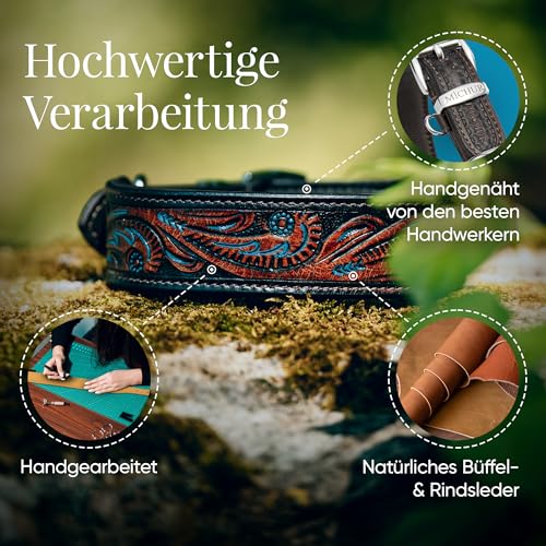 MICHUR Luis Hundehalsband Leder, Lederhalsband Hund, Halsband, Braun mit blauen Akzenten und schönem Stanzmuster, Leder, Halsumfang 33-38cm, Braun Blau