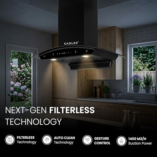 Image of Cadlec CurveFlow 60cm Filterless Curved Glass Kitchen Chimney | 1400 m /hr Powerful Suction | Auto Clean with Oil Collector | Feather Touch + Gesture Control Technology | 20-Year Warranty | Black