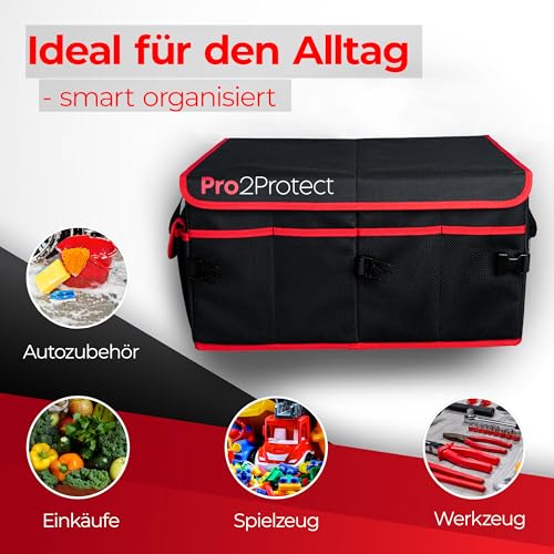 Pro2Protect PREMIUM [ 2x Test SEHR GUT Kofferraum Organizer Auto Zubehör Innenraum | 51x36x27Cm | Kofferraumtasche XXL | Faltbox WASSERDICHT | Autotasche Box | Geschenke für Frauen und Männer