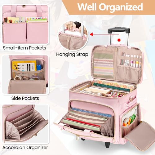 Image of Rolling Scrapbook Bag with Wheels, Rolling Craft Bag Cart Organizer | Scrapbook Storage Tote Bag with Detachable Trolley, Shoulder Strap, Fits 15.6 inch Laptop, Art Supplies Bag (Patent Design)