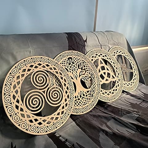 Celtic Symbol Wall Decor 12” Wooden Sacred 4Pcs Set Tree of Life Triskelion of Three Fold Spirals St. Brigid's Cross 3 point Celtic Trinity knot (Triquetra)Sign Irish Zen DIY Graffiti Artwork Decor Cover