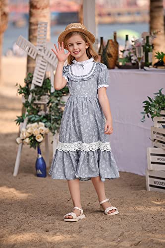 Colonial Costume For Girls Pioneer Dress Puff Sleeve Floral Dress Victorian Long Maxi Dress Blue 7 Years #TOP4