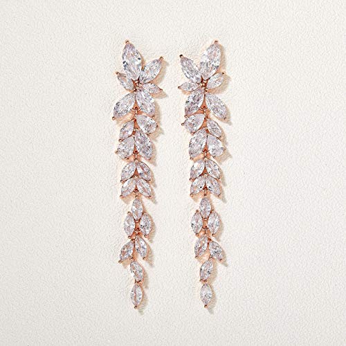 Sweetv Rose Gold Marquise Cubic Zirconia Wedding Earrings For Women Brides, Crystal Chandelier Bridal Drop Earrings For Prom Pageant #TOP5