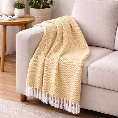 Image of Chevron 78x60 Inch Reversible Cotton Throw Blanket with Tassels| Blanket for Living Room, Sofa, Bed, Chair, Picnic & Used for Gift | Yellow Narrow Chevron, Size - 200x150 Cm
