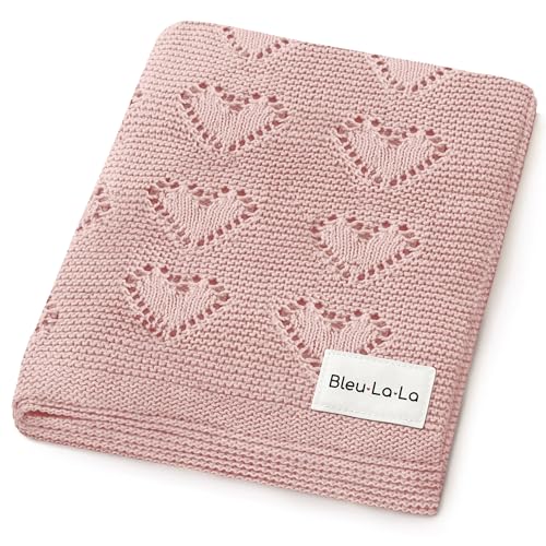 Image of Bleu La La Heirloom Knit Heart Swaddling Blanket for Girls - 100% Luxury Cotton Baby Blanket - Soft Warm Swaddle Receiving Crib Receiving Blanket for Newborns Infants & Toddlers (Pink)