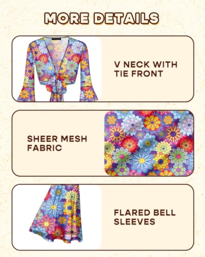 Image of Women Tie Front Bell Sleeve Rave Crop Tops Floral Print Hippie Mesh Sheer Shirt