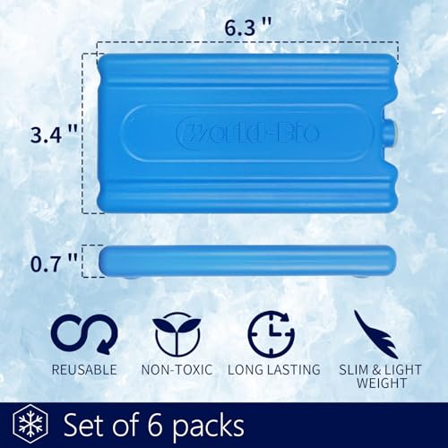 Image of WORLD-BIO Reusable Ice Packs for Lunch Boxes & Coolers, Leakproof Quick Freeze Cold Packs for Picnics, Beach, Camping, Work - Long Lasting to Keep Drinks Cold (Thin Ice Packs 6 Pcs)