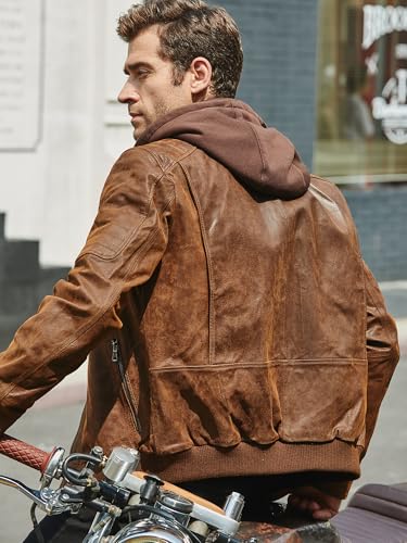 FLAVOR Men's Real Leather Motorcycle Biker Jacket with Removable Hood Brown2