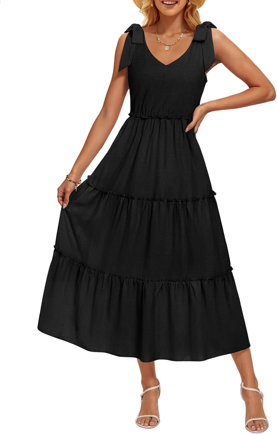 ZESICA Women's 2026 Summer Boho Sleeveless Midi Dresses Casual V Neck Spaghetti Strap Flowy A Line Tiered Beach Long Sundress