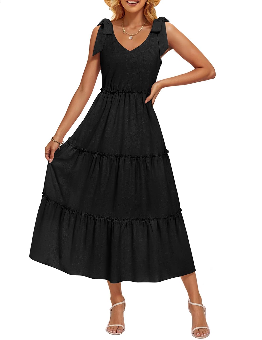 ZESICA Women's 2025 Summer Boho Casual V Neck Sleeveless Midi Dresses Tie Shoulder Flowy Tiered A Line Beach Long Sundress