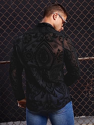 WDIRARA Men's Floral Paisley Print Mesh Button Down See Through Slim Fit Party Shirt Top Tee2