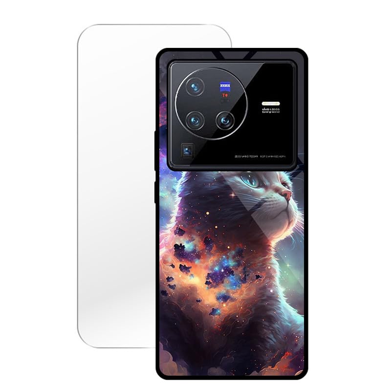 KARTXITAI Cover Compatibile con vivo X80 Pro,Custodia in Vetro Temperato AntiGraffio+con Cornice in TPU con Assorbimento degli Urti e Anti-Graffio-Gatto Nuvole Notte+Vetro Temperato