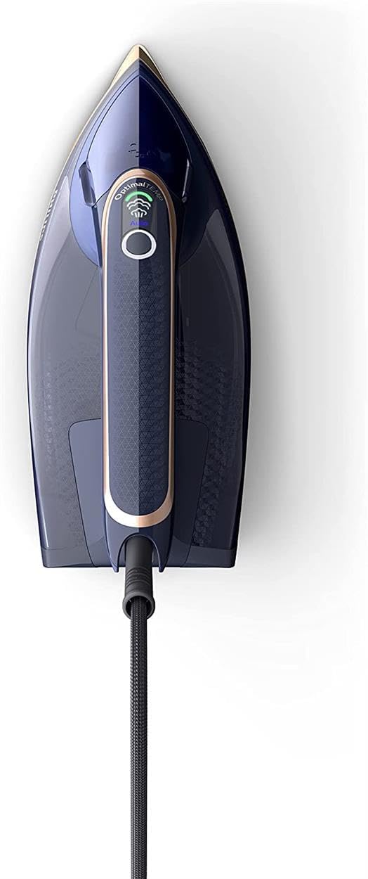Top-down view of the Philips Azur 8000 Series Steam Iron, highlighting its ergonomic design and controls.