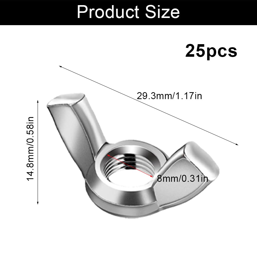 25 Pezzi Dadi ad Alette M8, Dado a Farfalla, Viti a Testa Zigrinata in Acciaio Inox per Fissaggio Fai da Te, Fasteners Hardware