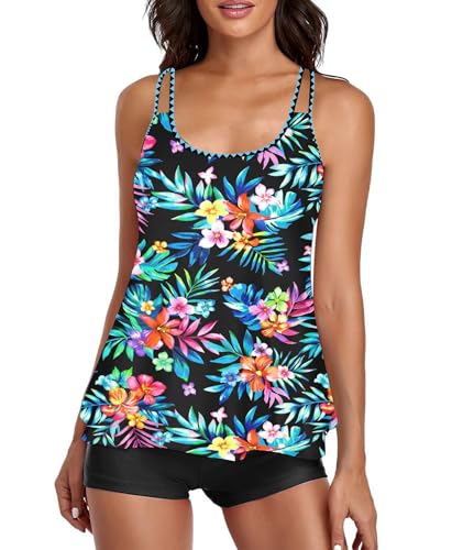 Image of Urchics 2026 Women Two Piece Tankini Swimsuit Tummy Control Plus Size Long Torso Top and High Waisted Boyshorts Bathing Suits