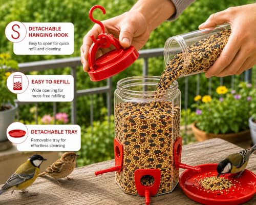 Image of Hanging Bird Feeder for Garden & Balcony, 1 Litre Weatherproof Bird Food Dispenser with 4 Feeding Ports, 360 Perch Feeding Station for Outdoor & Indoor Use (Red) Pack of 2