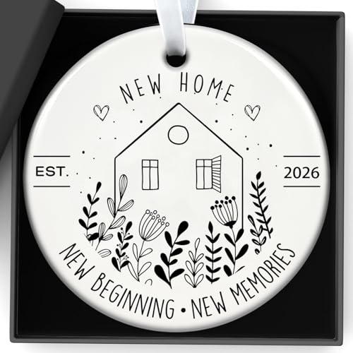 House Warming Gifts New Home 2026 Circle Ceramic New Beginning Memories With Gift Box Ornament for Send Keepsake Decorations Indoor Outdoor for Couples Women Colleagues Teacher Happiness Decor