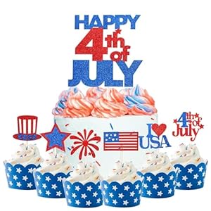 Wootkey 25pcs Happy 4th of July Glitter American Flag Cake Topper Patriotic Cupcake Toppers Picks Fourth of July Red Blue Cake Decorations for USA Independence Day Party Supplies