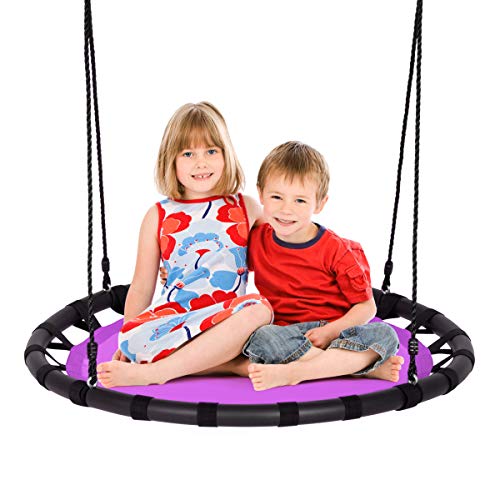 GYMAX Kids Nest Swing, 40”/100cm Round Tree Swings with Height Adjustable Hanging Ropes, Indoor Outdoor Children Saucer Swing for Backyard Garden, 150kg Capacity (Purple)